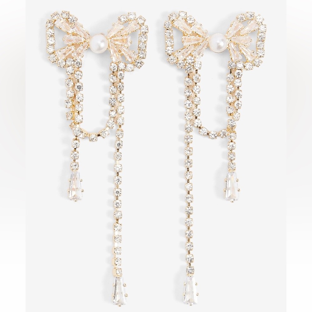 Rhinestone Embellished Pearl Bow Earrings